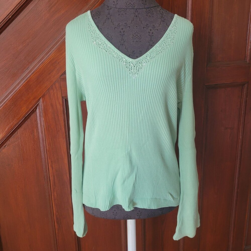 Liz Claiborne Long Sleeve Ribbed Knit Sweater With Embroidered V-Neck & Sequins